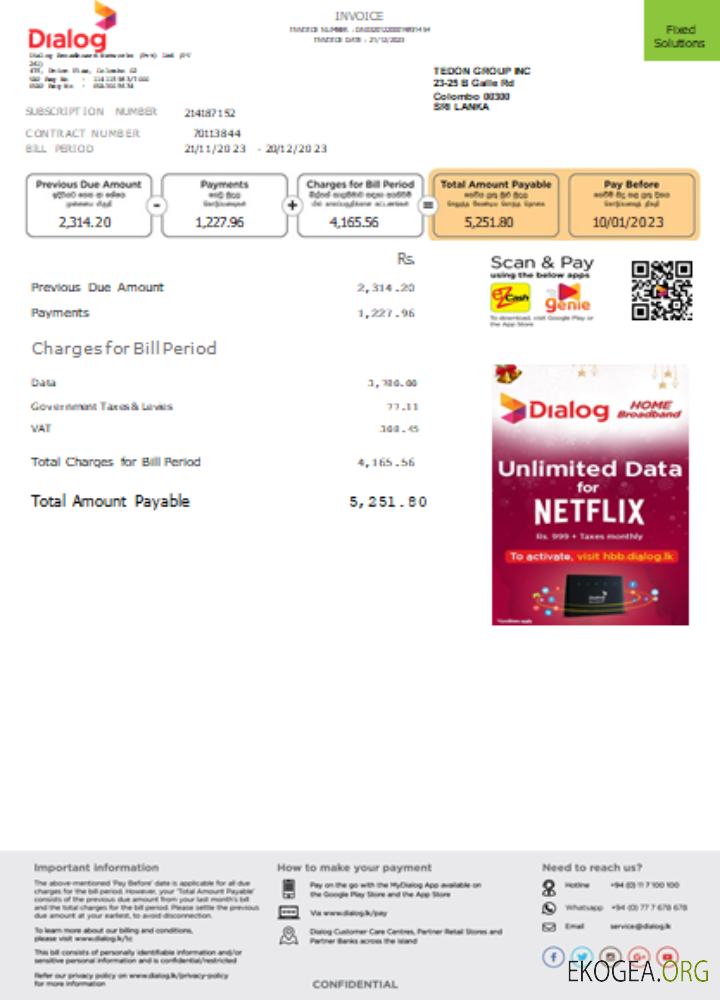 Facture commerciale de service public de Dialog, page 1, SCR